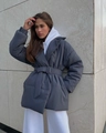 Detail of charcoal grey padded winter coat with turnover collar and belted waist design - S / Slate Gray
