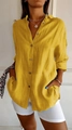 Detail of single-breasted pleated shirt showing yellow linen texture and side pockets - Yellow