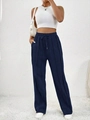 Détail du pantalon de jogging bleu marine à taille haute, coutures verticales et cordon - S / Bleu foncé