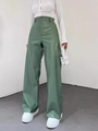 Schicke salbeigrüne Kunstlederhose mit hoher Taille, weitem Bein und geradem Schnitt für Damen - S / Grün