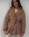 Close-up of brown quilted jacket featuring a faux fur lapel collar and matching waist belt - S / Dark Brown