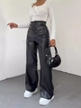 Damen-Hose aus schwarzem PU-Leder mit hoher Taille und elegantem glänzendem Finish - S / Schwarz