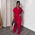 Women's two-piece red summer set featuring short sleeve button shirt and wide-leg trousers - S / Top And Bottom / Red