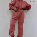 Detail of dusty rose two-piece hoodie and sweatpants set with soft knit texture - S / Dusty Pink