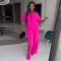 Women's 2-piece set with short sleeve lapel shirt and wide leg pants in hot pink - S / Top And Bottom / Rose Red