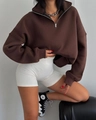 Close-up of brown half-zip sweatshirt with drop shoulder and high collar detail - S / Dark Brown
