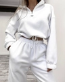 Detail of white fleece tracksuit featuring half-zip collar and WOOGEE STORM woven label - S / White