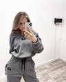 Detail of grey fleece tracksuit featuring half-zip stand collar and drawstring joggers - S / Light Gray