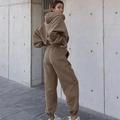Detail of oversized dark khaki hooded tracksuit in heavyweight cotton fabric outdoors - S / Khaki