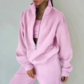Tuta sportiva da donna in pile rosa con felpa a mezza zip e pantaloni sportivi coordinati - Taglia M / Rosa