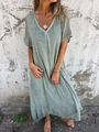Robe longue ample vert sauge à col en V avec tissu texturé et style bohème décontracté - S / Vert malachite