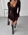 Detail of dark brown ruffle V-neck dress with long sleeves and pleated hemline finish - S / Dark Brown