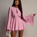 Detail of pink flare sleeves and waist tie design on a stylish women's mini dress - S / Pink