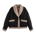 Women's black faux suede jacket with beige shearling trim and lapel collar buttons - XL / Black
