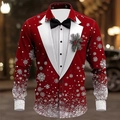 Camicia da uomo a maniche lunghe con stampa 3D festiva, design smoking e fiocchi di neve - S / Tops / Stile Tuxedo Simulato Rosso (ACS19)