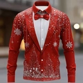 Camicia rossa a maniche lunghe slim fit con stampa tuxedo 3D e motivi natalizi - S / Tops / Stile Finto Abito Fiocco di Neve Rosso (ACS17)