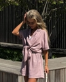 Detail of dusty rose summer set featuring short-sleeved tie-front shirt and matching shorts - S / Lotus root pink