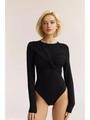 Slim fit long sleeve black bodysuit with twist front detail and high cut leg for women - Black