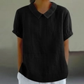 Detail of black loose-fit blouse with Peter Pan collar and textured cotton-linen fabric - Black