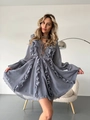Elegant grey chiffon V-neck dress with layered ruffles and long sleeves in A-line silhouette - Silver Gray
