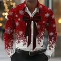 Camicia da uomo slim fit natalizia con stampa a fiocchi e papillon rosso - S / Tops / Stile Fiocco di Neve Papillon Grande Sfumato Rosso Bianco (ACS16)