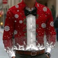 Camicia festiva rossa da uomo con stampa natalizia 3D e design con finto papillon - S / Tops / Stile Modello Stampa Abito Tono Caldo Rosso (ACS18)