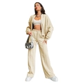 Women's chic beige two-piece lounge set with zip hoodie and wide-leg trousers - Apricot