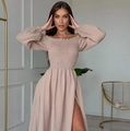 Detail of off-the-shoulder smocked bodice and lantern sleeves on beige maxi dress - S / Camel