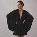 Elegant black V-neck mini dress with voluminous lantern sleeves and high waist cinching - S / Black