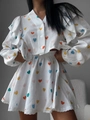 Conjunto de dos piezas de muselina con estampado de corazones, blusa abullonada y falda - S / Estilo Cereza