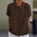 Detail view of the brown short-sleeve shirt showing Peter Pan collar and seam texture - Coffee