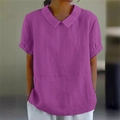 Detail of a bright purple short sleeve blouse featuring a Peter Pan collar and cotton linen texture - Dark Violet