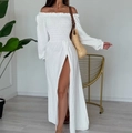 Detailed view of white off-the-shoulder dress with smocked bodice and high side slit - S / White