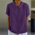 Detail view of purple loose-fit short sleeve blouse with a Peter Pan collar - Deep purple