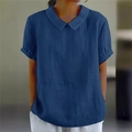 Detail of dark blue short sleeve shirt with lapel collar and loose cotton linen fit - Navy Blue