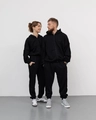 Matching couple's oversized black zip hoodie and jogger sets for casual streetwear style - S / Black
