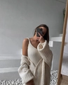 Detailed knit texture of cream white cardigan set with cable knit and rib stitch details - S / Beige