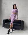 Detail of light purple ribbed knit crop top with waist tie and side split skirt buttons - S / Purple