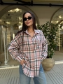 Women oversized pink plaid flannel shirt with long sleeves and button-down casual collar - Khaki