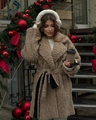 Detail of khaki teddy fleece coat featuring a black waist tie and warm lapel collar - S / Brown