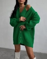 Detail of green knit cardigan set with cable texture and matching color buttons - S / Green