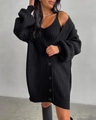 Detail of black knit two-piece set featuring a long cardigan and ribbed V-neck dress - S / Black