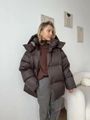 Oversized dark brown puffer jacket with hood and quilted design for winter - S / Tops / Dark Brown