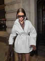 Women's minimalist beige trench coat with drawstring waist and stand collar for spring - S / White