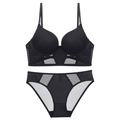 Conjunto de sujetador push-up en U y braguita de encaje negro con malla y tirantes ajustables - 70A Copa Gruesa / Negro
