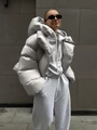 Short puffer jacket for women in light grey featuring a hooded design and baggy silhouette - S / Light Gray