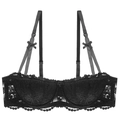 French lace underwire bra in black with floral embroidery and adjustable bow straps - 70A / Single Bra / Black
