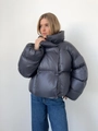 Short oversized puffer jacket in dark grey shiny metallic fabric for winter - S / Navy Blue