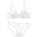 French style white lace lingerie set with heart jacquard mesh and ruffled lace trim - 70B / Top And Bottom / White