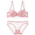 Soft pink lace lingerie set with 3D heart embroidery and mesh ruffle shoulder straps - 70B / Top And Bottom / Pink